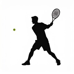 Silhouette Of A Tennis Player In Mid Swing With A Green Tennis Ball On A White Background Showing Athletic Movement And Focus