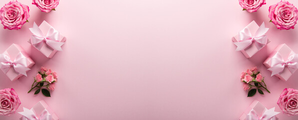 Gift, present box decorated with pink ribbon bow, rose flowers on pink background top view....