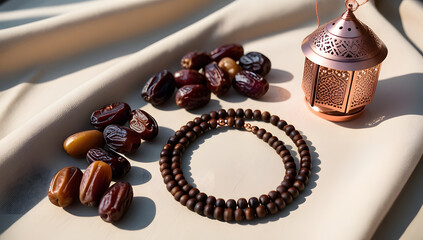 Evening Calm: Wooden Bead Necklace, Assorted Dates and a Detailed Lantern on Ivory Surface