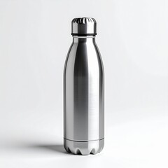 Sleek Silver Stainless Steel Water Bottle with Screw Top Lid Centered Against a White Background with Soft Shadow