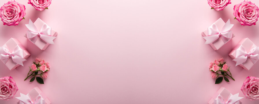 Gift, present box decorated with pink ribbon bow, rose flowers on pink background top view. Valentine's day, 14 February, birthday, 8 march women's day gift. Love and romance, valentines.