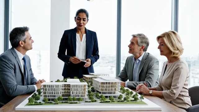 Diverse business professionals in a corporate meeting. Woman presenting architectural model for real estate development. Team collaboration and project planning in a modern office