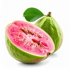 Vibrant Pink Guava Fruit Cut Open Revealing Juicy Flesh and Seeds with Green Leaf on White Background