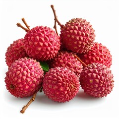 Heap Of Fresh Ripe Red Lychee Fruits With Stems And Leaves Isolated On White Background Vivid Studio Lighting Healthy Food