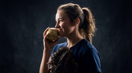 happy caucasian softball player holding ball near face. young female athlete with glove posing in studio. sport media day concept. banner with copy space.