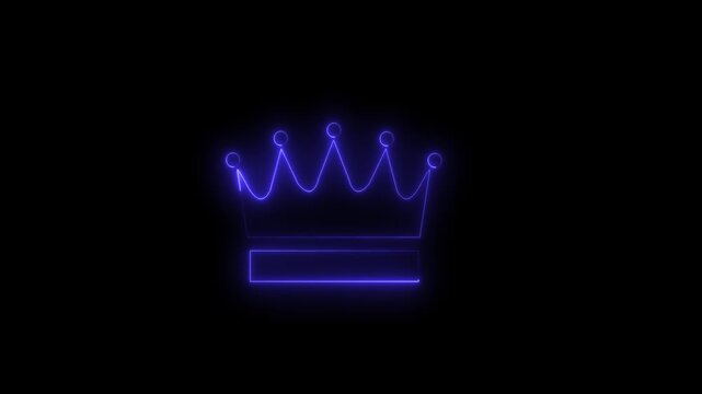 Abstract crown icon 4k animation with neon line frame. Neon Luxury crown outline on black background, glowing border looping king queen crown symbol.