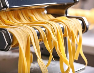 Close-Up Of Fresh Yellow Egg Noodles Being Cut By A Silver Pasta Maker In A Bright Kitchen Environment