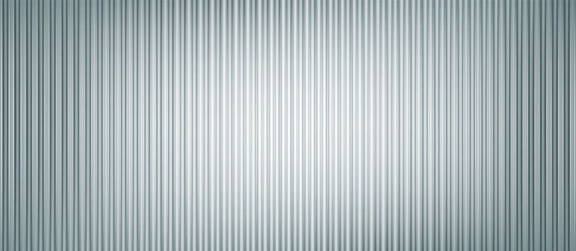 Acrylic ribbed glass texture background. Blue fluted plastic panel with blurry light reflection.