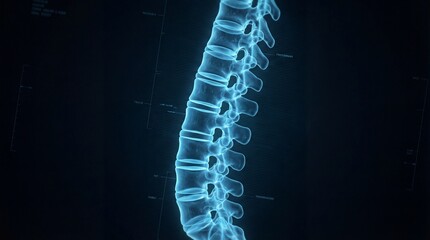 futuristic blue digital human spine x-ray on dark interface. anatomy, healthcare and radiology concept. orthopedics and back pain diagnosis. banner with copyspace.