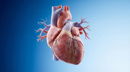 realistic human heart 3d illustration isolated on blue background. anatomical organ model for cardiology and healthcare concept. medical education, science banner with copy space.