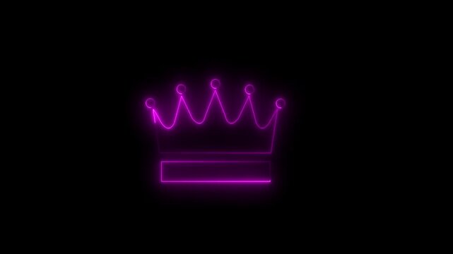 Abstract crown icon 4k animation with neon line frame. Neon Luxury crown outline on black background, glowing border looping king queen crown symbol.