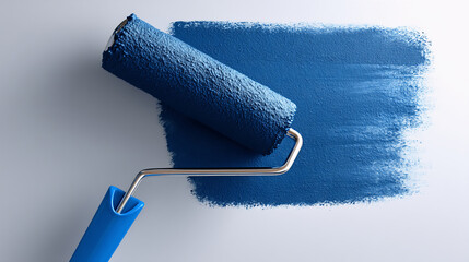 Paint roller with textured blue cover on fresh blue paint stripe against a white background, blue paint roller, paint roller on blue wall, roller brush with blue paint, blue paint roller, paint roller