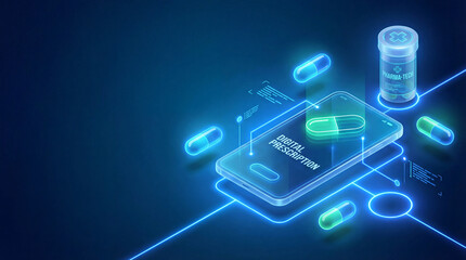 isometric smartphone displaying digital prescription with holographic pills and medicine bottle. online pharmacy and telemedicine concept. web banner, technology background with copyspace.