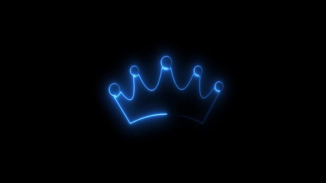 Abstract crown icon 4k animation with neon line frame. Neon Luxury crown outline on black background, glowing border looping king queen crown symbol.