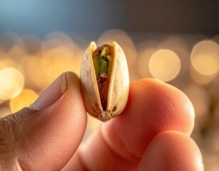 Close up of a person's fingers holding a single pistachio nut with its shell open showing the green kernel inside against a blurred background of golden bokeh lights