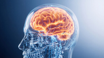 3d illustration of human head with transparent skull and glowing brain. medical anatomy and neurology concept. science, healthcare background. banner with copyspace.