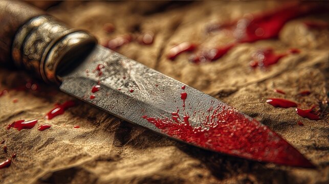 Close-up of a sharp metal dagger with fresh red blood stains on the blade and tip, lying on a rough textured dark background. Concept of danger, violence, mystery and crime scene.