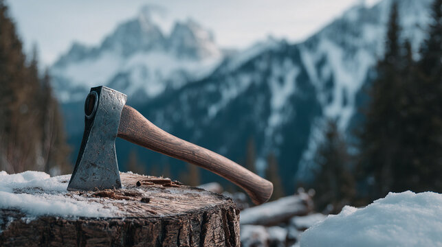 Close-up of a rustic axe in a tree stump with snowy mountain view