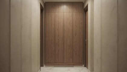 A modern hallway with a large wooden door at the end and two smaller doorways on either side leading to adjacent rooms or closets in a sleek interior design