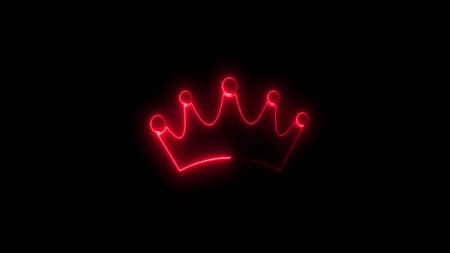 Abstract crown icon 4k animation with neon line frame. Neon Luxury crown outline on black background, glowing border looping king queen crown symbol.