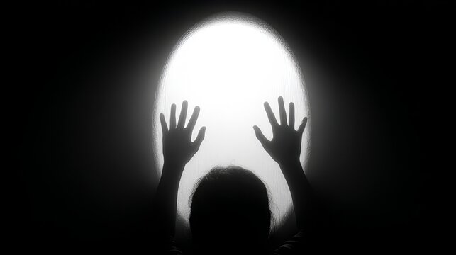 Silhouette of two hands reaching towards a large, bright, circular light source in a dark background, evoking a sense of mystery, hope, or the unknown.