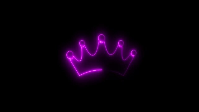 Abstract crown icon 4k animation with neon line frame. Neon Luxury crown outline on black background, glowing border looping king queen crown symbol.
