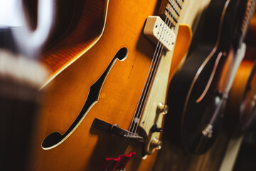Acoustic jazz guitars on a wooden wall