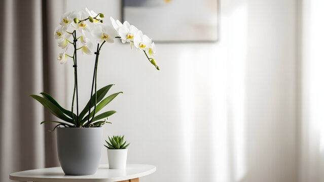 Serene indoor scene with orchid and succulent plants - Powered by Adobe