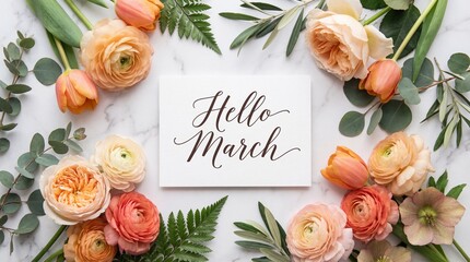 hello march calligraphy on white paper with orange ranunculus, tulips and eucalyptus frame. spring season floral composition on marble. greeting card, banner, website header.