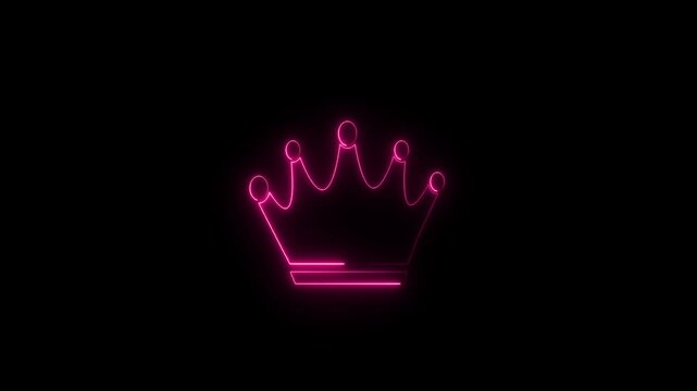 Abstract crown icon 4k animation with neon line frame. Neon Luxury crown outline on black background, glowing border looping king queen crown symbol.