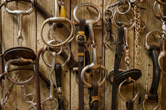 A collection of different bits hanging on a wooden wall