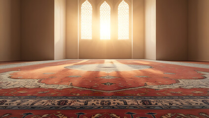 Sunlit Prayer Hall: Warm Light Flooding a Minimalist Mosque Interior with Arched Windows
