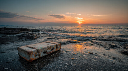 Vintage suitcase resting on a rocky beach at sunset