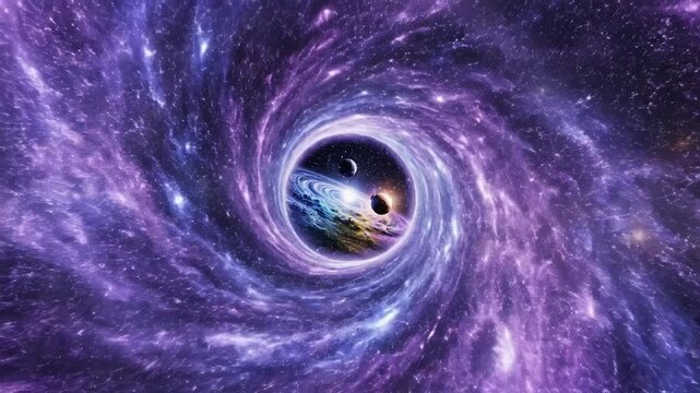 Cosmic vortex swirls in deep space with planets. Purple and blue nebulae form a dynamic galactic tunnel. Abstract astronomy background.