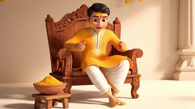 Animated Indian boy sitting on wooden throne Haldi ritual