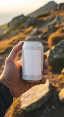 Hand holding a can outdoors in rocky terrain.