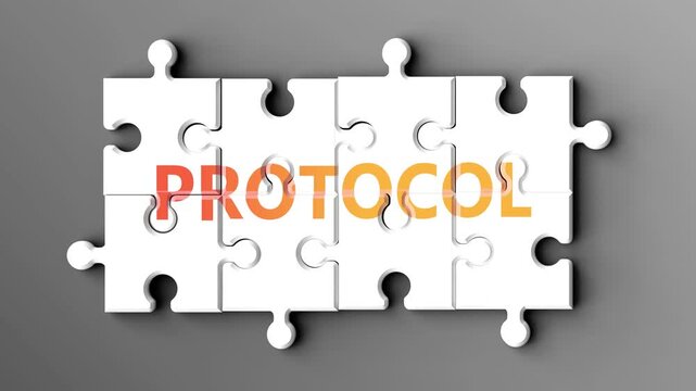 Protocol being a complex topic - puzzle pieces with word protocol coming together to make a whole. Protocol made of many fitting parts, a compound subject.