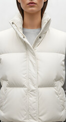 Woman wearing white puffer jacket closeup.
