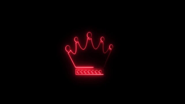 Abstract crown icon 4k animation with neon line frame. Neon Luxury crown outline on black background, glowing border looping king queen crown symbol.