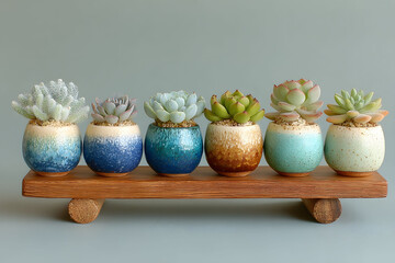 A vibrant display of six succulent plants, each housed in a unique gradient ceramic pot, placed neatly on a rustic wooden stand. this arrangement brings a touch of nature indoors, perfect for modern a