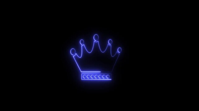 Abstract crown icon 4k animation with neon line frame. Neon Luxury crown outline on black background, glowing border looping king queen crown symbol.
