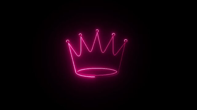 Abstract crown icon 4k animation with neon line frame. Neon Luxury crown outline on black background, glowing border looping king queen crown symbol.