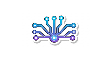 Fototapeta premium A futuristic circuit board design with glowing blue and purple connections emanating from a central hub, symbolizing technology and innovation from a top-down viewpoint