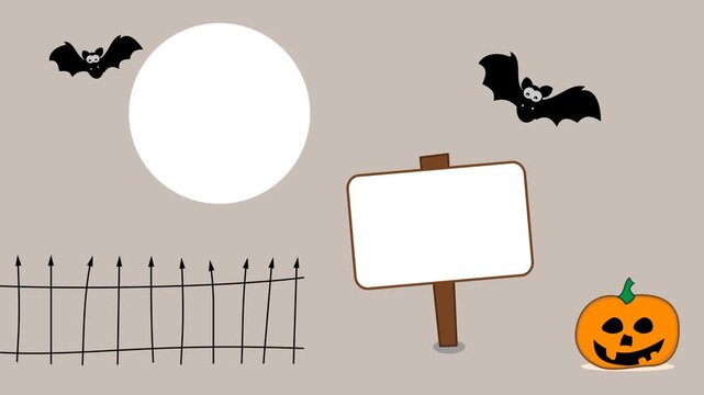 Halloween party with pumpkin bat and moon with small graveyard on color and green background - animation