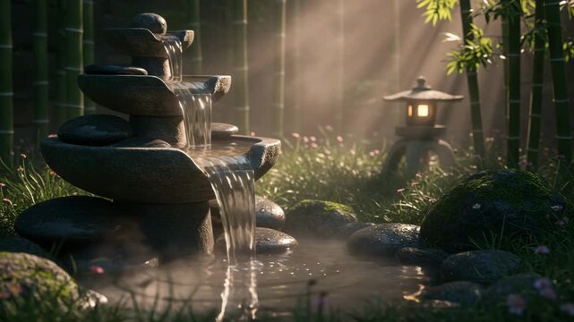 Serene zen garden scene with cascading water feature surrounded by lush greenery and bamboo trees in a tranquil forest setting