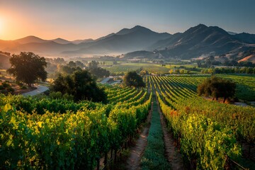 Fototapeta premium Rolling vineyard hills at golden hour feature lush green grapevines stretching to the horizon with a warm sunburst peaking over the landscape.