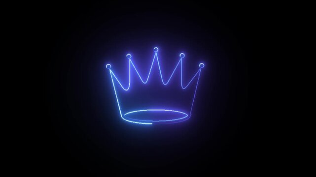 Abstract crown icon 4k animation with neon line frame. Neon Luxury crown outline on black background, glowing border looping king queen crown symbol.