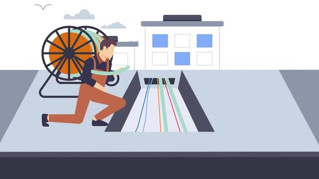 Municipal IT telecom crew installing fiber optic animation, Technician managing underground cables animated video, Electrician Profession Clip,Low Voltage Supply footage, Handyman Repairman motion