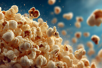 Popcorn kernels captured mid-air, creating a dynamic explosion against a vivid blue sky. perfect for themes related to movie nights, snacking, and leisure activities, evoking a sense of excitement and