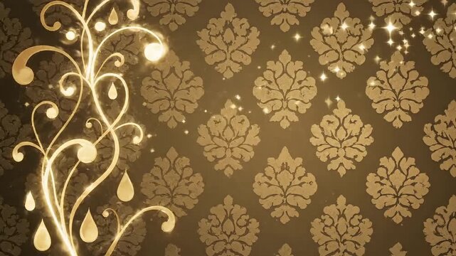 Elegant golden floral flourish with sparkling lights on a damask background